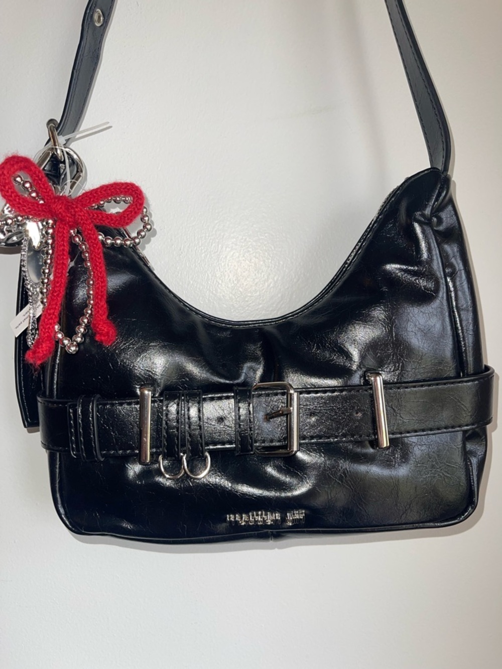 Madden Girl Black Shoulder Bag with Belt Accent and Charms